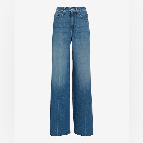 EXPRESS • Super High Waisted Medium Wash Raw Hem Baggy Wide Leg Jeans • NWOT - Picture 3 of 5